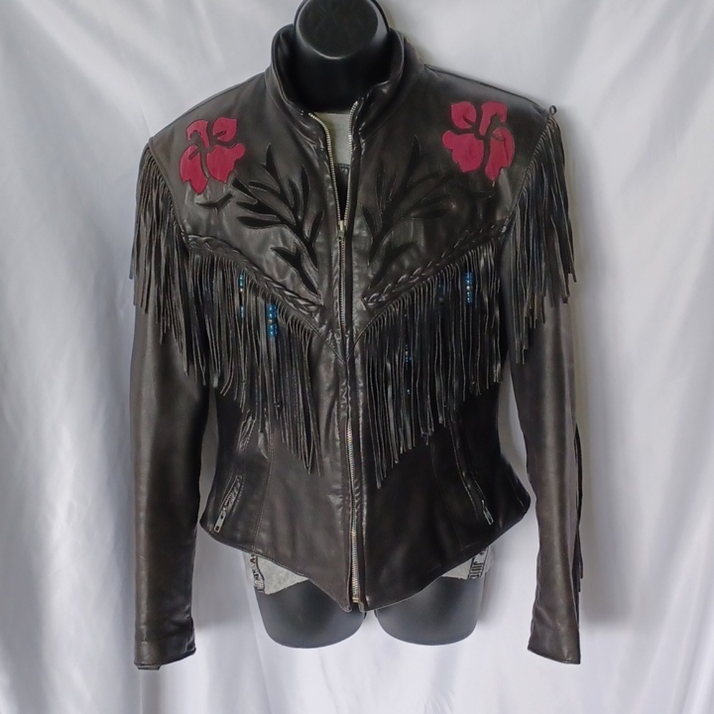 Vintage Dallas Premium Leather Black Biker Jacket Removable Liner Fringe Size 12